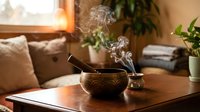 Tibetan singing bowl with wooden mallet on table creating smoke wisps in cozy living room with warm lighting and plants for meditation and relaxation.