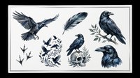 Dark raven clipart set with skull, feather, and floral elements, isolated on transparent background. Ready for Halloween t-shirts, stickers, and print on demand.