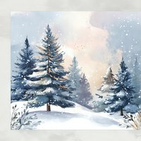 Serene winter landscape with snow-covered pine trees in soft watercolor style, gentle snowfall against pastel sky.