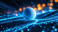 Golf ball on futuristic glowing blue surface with orange bokeh lights and motion blur streaks creating dynamic sports concept background.