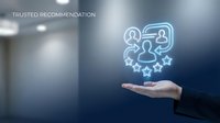 Businesswoman holding glowing neon icon of people with stars, representing trusted recommendation, customer feedback, and referral marketing strategy for corporate success.