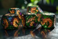 Glowing green and copper gaming dice with intricate dragon designs cast dramatic shadows on dark surface, creating mystical tabletop atmosphere.