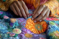 Close-up of female hands working on colorful patchwork quilt with vibrant floral patterns, showcasing traditional textile craftsmanship.