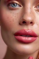 Close-up portrait of young woman with freckles, bright blue eyes and glossy coral pink lipstick showing natural beauty and fresh makeup look on beige background.