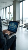 Businessman using laptop with digital justice platform interface in modern office, legal technology software for law firm management and consultation.