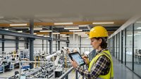 Female engineer in yellow hard hat and high-visibility vest reviewing digital tablet in modern industrial manufacturing facility with machinery and equipment visible below.