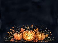 Carved jack-o-lantern pumpkins with autumn leaves and decorative swirls on dark background. Seasonal fall design for Halloween decorations, greeting cards, and festive artwork.