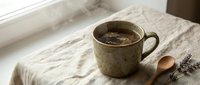 Herbal tea in ceramic mug with lavender sprig on linen tablecloth, natural morning light creating cozy atmosphere for relaxation and wellness.