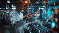 Scientist in white coat analyzing digital data visualization on futuristic transparent display, holding tablet for medical research or technological innovation in modern laboratory setting.