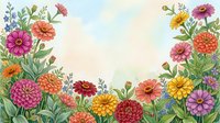 Watercolor floral border with colorful zinnias and wildflowers framing a soft pastel sky background, perfect for cards and invitations.