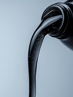 Dark viscous liquid pouring from bottle with small air bubbles visible in smooth flowing stream against light gray background, creating dramatic contrast.