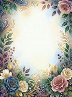 Ornate floral frame with roses, leaves, and decorative scrollwork in gold, blue, and mauve tones on cream background. Isolated design ready for invitations, cards, and print projects.