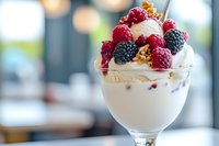 Fresh berries and granola layered with creamy yogurt parfait in elegant glass, topped with ripe raspberries and blackberries against soft bokeh background.
