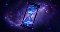 Cosmic hourglass with glowing sand flowing through ornate frame against starry galaxy background with nebula clouds and celestial light effects for fantasy concepts.