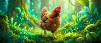 Brown hen walking through lush green forest with sunlight filtering through leaves creating magical atmosphere for farm and nature concepts.
