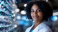 Young African American female medical professional with natural curly hair smiling confidently against blue bokeh background with glowing particles and light effects.