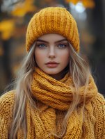 Young Caucasian woman with blue eyes wearing mustard yellow knitted beanie hat, scarf and sweater against blurred autumn background with golden bokeh lights.