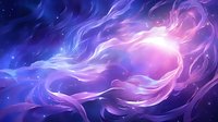 Mystical cosmic energy waves in deep space with glowing purple and blue ethereal light streams against starry background creating magical atmosphere.