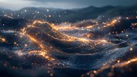 Magical glowing particles flow in waves creating abstract luminous pattern against dark background with bokeh light effects and sparkles. Dreamy atmosphere.