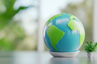 Globe model showing Americas continents in vibrant green and blue colors on white stand with decorative plant, soft bokeh background for environmental concepts.