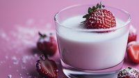Fresh strawberry milkshake garnished with ripe berry in glass on pink background. Creamy white dairy drink with natural fruit, selective focus macro photography.