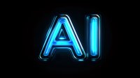Glowing blue neon AI letters on black background, modern technology concept with bright luminous artificial intelligence abbreviation symbol.