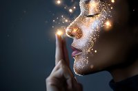 Mystical female profile with glowing sparkles and magical light particles emanating from finger touch against dark background, creating ethereal atmosphere.