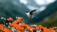 Vibrant hummingbird hovering over orange wildflowers against mountain backdrop, wings spread in mid-flight, capturing graceful motion and natural harmony.