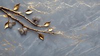 Golden leaves branch on gray marble background with elegant gold veining pattern creates luxurious minimal composition for interior design and decoration.