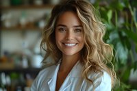 Young female medical professional with wavy blonde hair and bright smile wearing white coat against blurred office background with plants and natural lighting.