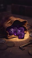 Purple polyhedral dice spilling from brown leather pouch on wooden surface with coins and key, suitable for tabletop gaming and fantasy content.