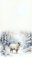 Sheep standing in snowy winter forest landscape with snow-covered evergreen and birch trees, isolated on white background for design use.