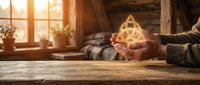 Hands holding glowing geometric atom symbol on wooden table with warm sunlight streaming through window, representing science, knowledge, and spiritual energy for educational and wellness content.