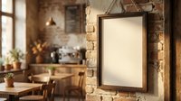 Blank wooden frame hanging on exposed brick wall in rustic cafe interior with warm lighting and blurred kitchen background for mockup designs.