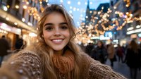 Young Caucasian woman with bright smile wearing cozy knit sweater against blurred city street with festive Christmas lights and bokeh background during winter evening.