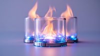 Glowing blue flames dance in glass containers creating atmospheric mood lighting against purple background, modern minimalist design for home decor and ambiance.