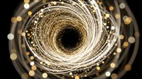 Golden spiral tunnel with glowing particles and bokeh lights swirling into dark center vortex, abstract motion effect for backgrounds and digital design projects.