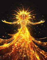 Glowing female figure in golden dress radiating light and energy, arms outstretched against dark background with magical sparkles and light rays flowing outward.