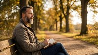 Middle-aged bearded man reading book on park bench during golden autumn afternoon, relaxing outdoors among colorful fall foliage and warm sunlight.
