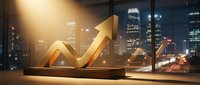 Golden upward arrow chart symbol on office desk with city skyline at night, representing financial growth, business success, stock market gains, and economic progress for corporate presentations.