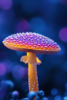 Vibrant orange fly agaric mushroom with water droplets against blurred blue and purple bokeh background, creating magical forest atmosphere.