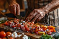 African American hands chopping fresh colorful vegetables on rustic wooden cutting board. Close-up of food preparation showing knife skills and fresh ingredients for healthy cooking.