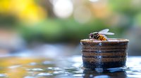 Honey bee drinking water from edge of ceramic pot in garden setting with soft bokeh background and reflective water surface. Perfect for nature photography.