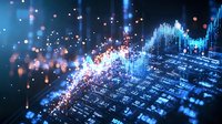 Futuristic digital visualization with glowing data streams and particle effects in blue tones, showing technological advancement and information flow on circuit board background.