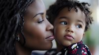 African American mother tenderly holding her young toddler daughter, showing maternal love and bonding in warm natural lighting for family lifestyle content.