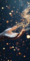 Magical glowing golden particles flowing from an outstretched hand against dark background with bokeh lights and sparkles, creating ethereal atmosphere.