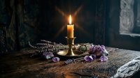 Burning candle in brass holder with dried lavender flowers on rustic wooden table creates cozy atmospheric lighting for spa relaxation and aromatherapy.