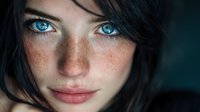 Young woman with striking blue eyes and freckles looking directly at camera with natural makeup and dark hair in soft lighting portrait.