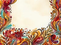 Colorful ornamental floral border with swirling decorative elements in warm tones, isolated on cream background, suitable for invitations, cards, and design projects.
