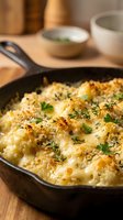 Golden baked casserole with herbs and breadcrumbs in cast iron skillet on wooden table for comfort food cooking and homestyle dining.